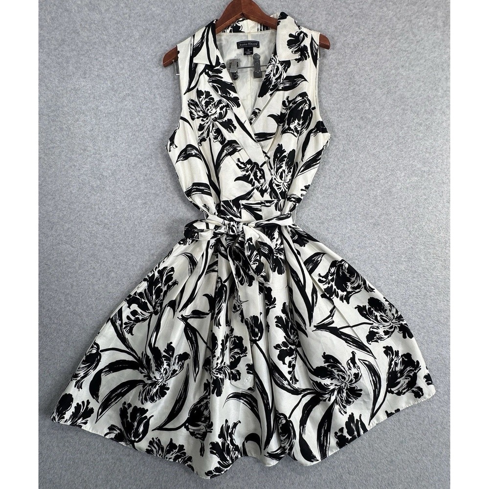 Jessica Howard Floral Print Wrap Dress Womens 18 Ivory Black Fit & Flare Collar